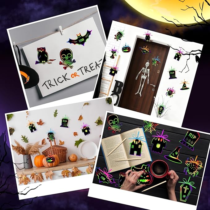 Qilery 120 Pcs Fall Halloween Scratch Paper Off Cards Magic Pumpkins Scratch Off Paper Craft Art Activities Rainbow Black Fun for Thanksgiving Party Ornaments DIY Education Game(Spooky Style)