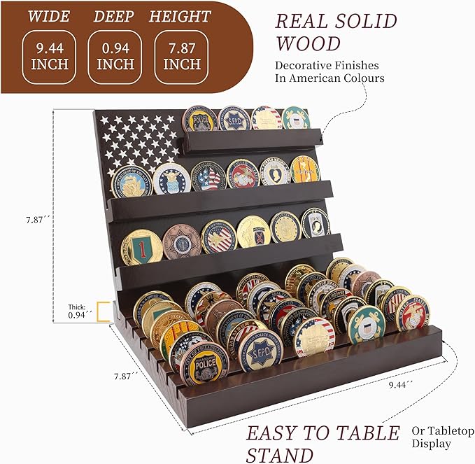 Challenge Coin Display Stand Coin Holder American Flag with Warm Color Holder Wooden Rack Gift for Military Army for Father, Military Coin Holder Display Case