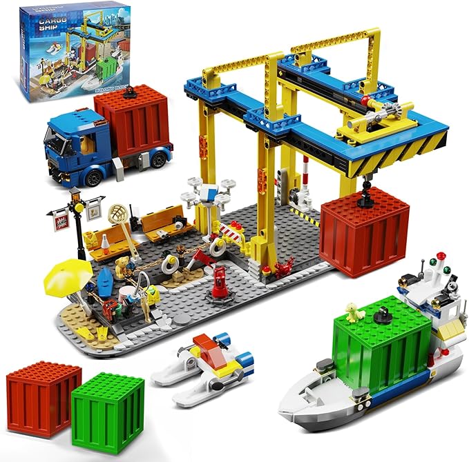 City Seaside Harbor Building Set Compatible with Lego Cargo Ship Boat Toy, Container Crane and Truck, Construction Toy for for Adults Teens Kids Girls Boys 6+