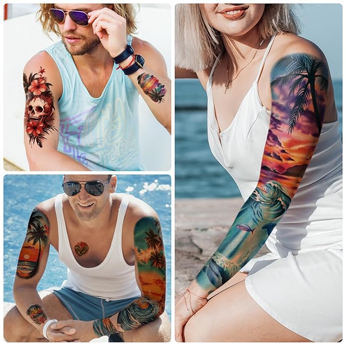 48 Sheets Full Arm Temporary Tattoos for Adults - Waterproof Tropical Summer Beach Party Fake Tattoo Stickers - Hawaiian Floral Palm Sunset Designs for Women Men