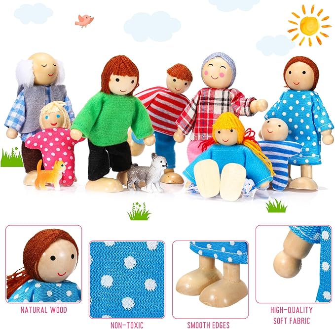 Skylety 10 Pcs Wooden Dollhouse Set of Mini People Figures Dollhouse Dolls Wooden Doll Play Figures Accessories(Pretty Style)