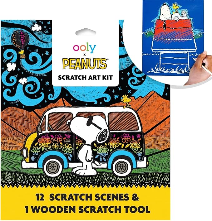 Ooly X Peanuts Scratch Art Kit - 12 Cards Featuring Snoopy, Woodstock and The Gang, Scratch Art Set Gifts for Kids, Travel-Friendly Craft Kit, Scratching Tool Included