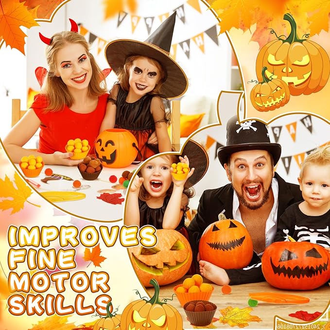 Hotop 312 Pieces Fine Motor Toys Counting Sorting Fall Thanksgiving Decorations 100 Pcs Assorted Pompoms 200 Pcs Artificial Maple Leaves 2 Pcs Tweezers 10 Pcs Cups for Autumn Thanksgiving Decoration