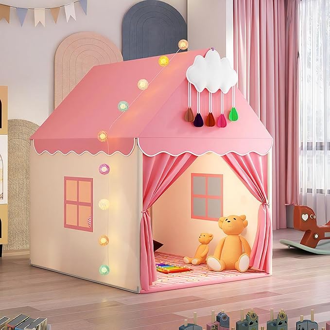 Pink Kids Play Tent with Mat, Cloud and Ball Lights Large Playhouse for Children and Girls Princess Castle Tent for Bed- Indoor & Outdoor Toddler Camping Tent(Cloth Door & Metal Rack)