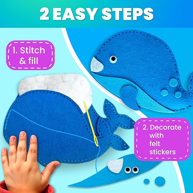 QUOKKA Kids Crafts Ages 4-8, DIY Beginner Needle and Thread Kit - 12 Sea Animals Sewing Kit Basic - Fun Arts Crafts for Kids Ages 6-8 Girls Boys - Plastic Needles, Scissors - 6+ Year Old Girl Gifts