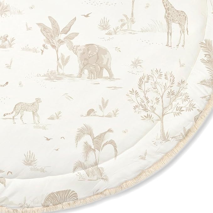 MakeMake Organics Organic Play Mat GOTS Certified Organic Cotton Nursery Floor Rug Washable Reversible Non Toxic Activity Mat Tummy Time Crawling Pad Thick Quilted (Round 48", Safari)