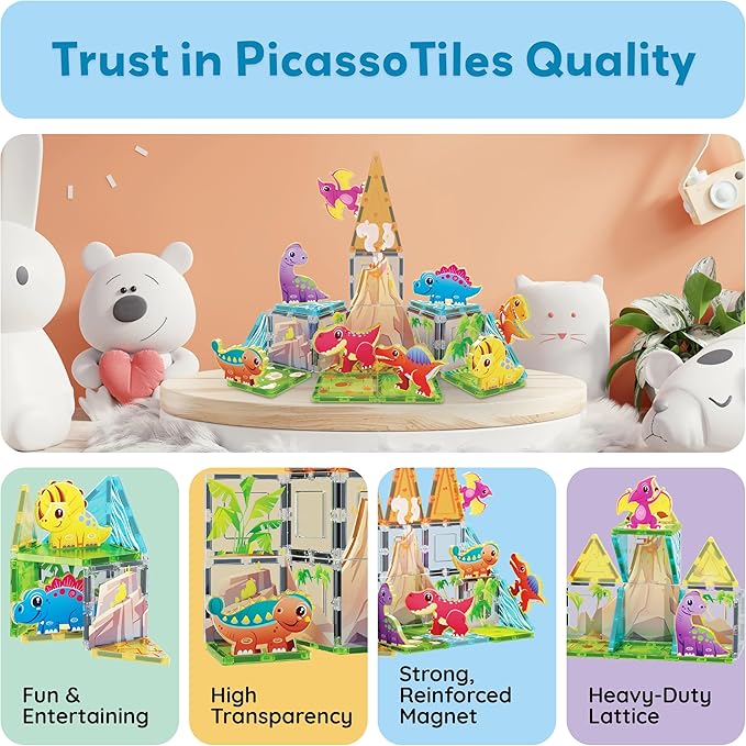 PicassoTiles Magnet Tile Building Blocks Dinosaur World Themed Playset with 8 Animal Character Action Figures Magnetic Tiles STEM Learning Pretend Play Toy Construction Set Boys Girls Ages 3+ PTQ23