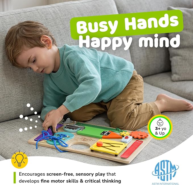 Montessori Busy Board for Toddlers, Premium Wooden Toddler Busy Board for 1 2 3 Year Old with 10 Educational Activities for Fine Motor Skills, Sensory Activity Toy for Travel, Gift for Boys & Girls