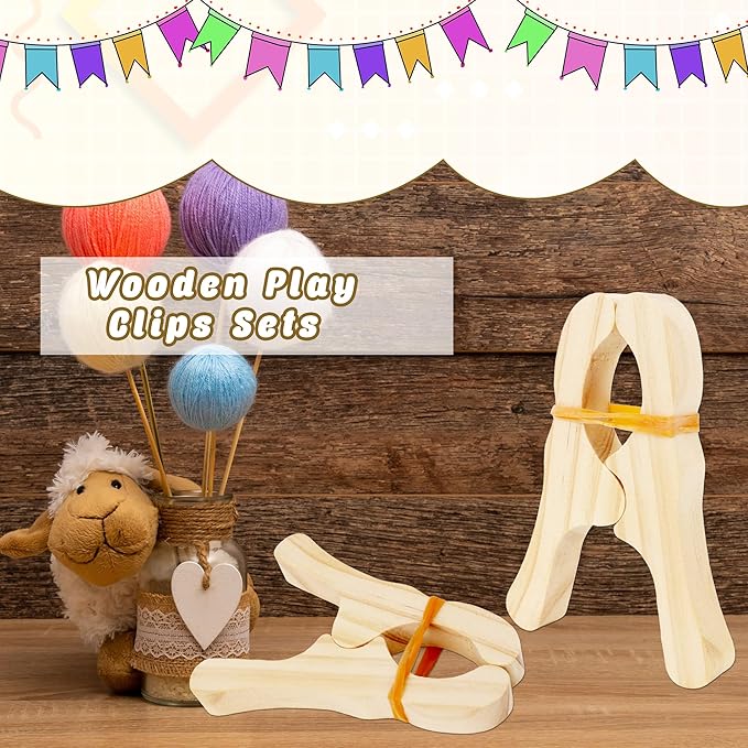16 Pcs Wooden Play Clips for Kids Fort Building Clips Wood Play Clips Wooden Fort Clips Game Silk Clips for Child Blankets Silk Construction School Playground Building Games