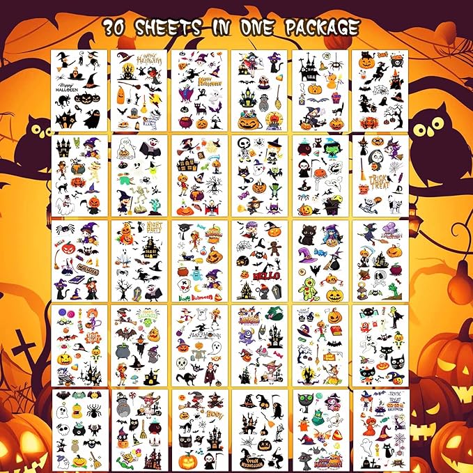 380+ PCS Halloween Temporary Tattoos for Kids, 30 Sheets Creative Design Halloween Tattoos for kids Halloween Party Decorations, Pumpkin Tattoo Stickers Halloween Gifts for kids for Halloween Makeup