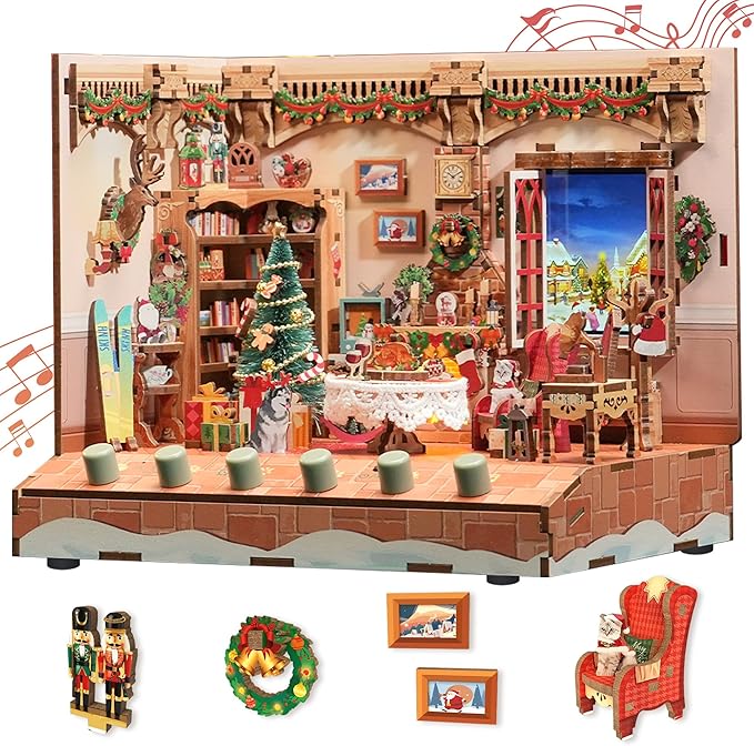 Tonecheer DIY Miniature House Kit, Wooden Dollhouse Kit with Music and White Noise,Tiny Diorama House Building Set with Electronic Screen Kit Creative Idea Gifts for Aduls (The Christmas Cottage)