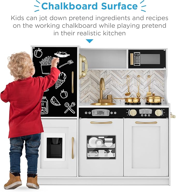 Best Choice Products Pretend Play Kitchen Wooden Toy Set for Kids w/Realistic Design, Telephone, Utensils, Oven, Microwave, Sink - White Bevel