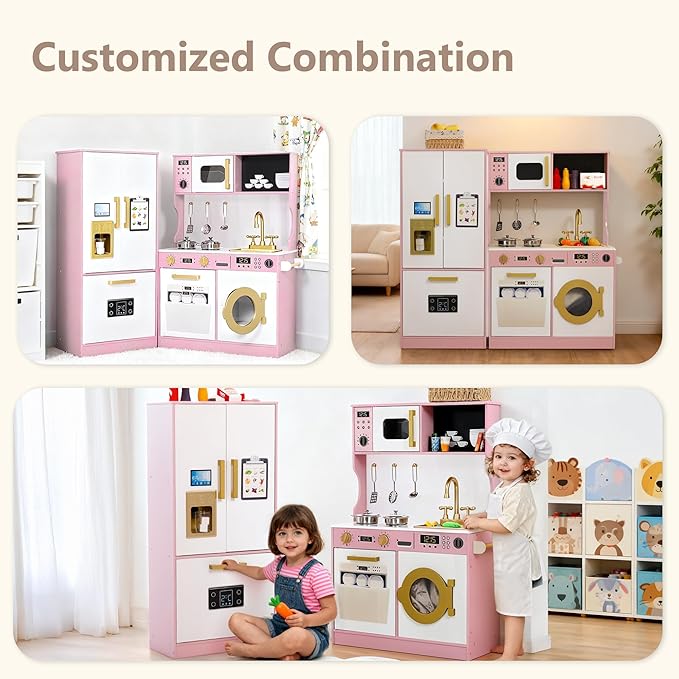 Kinder King Wooden Kids Play Kitchen, Toy Kitchen Playset for Toddler, Play Kitchen Set w/Transparent Coloring Board, Pretend Fridge, Washing Machine, Ice Maker, Gift for Boys Girls Age 3+, Pink