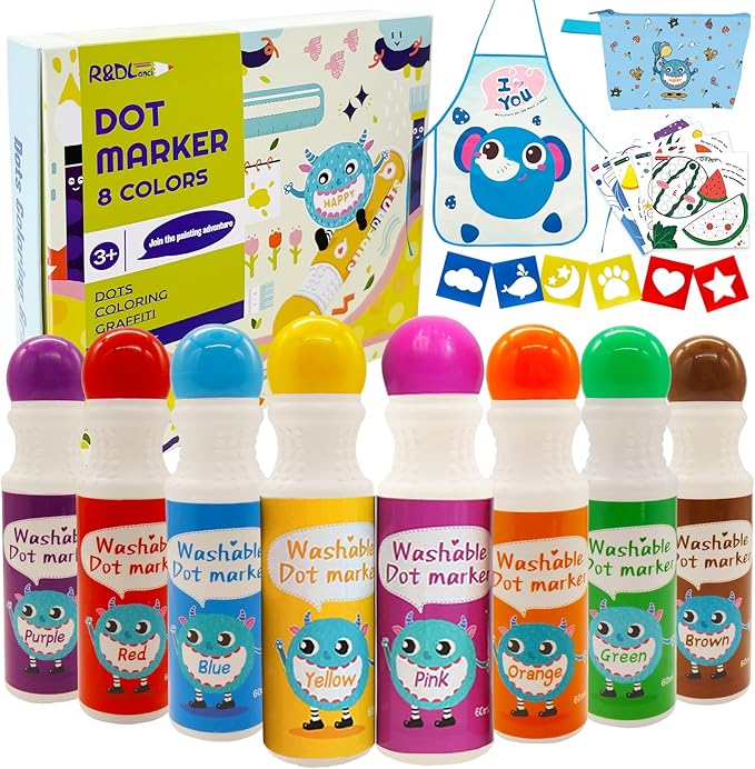 R&DLanci Washable Dot Markers for Toddlers 1-3,8-Colors Dot Markers with 12-Activity Papers,Non-Toxic Bingo Daubers for Toddlers 2-4,Art and Crafts Supplies for Kids,Christmas Gift for Kids ages 2-4