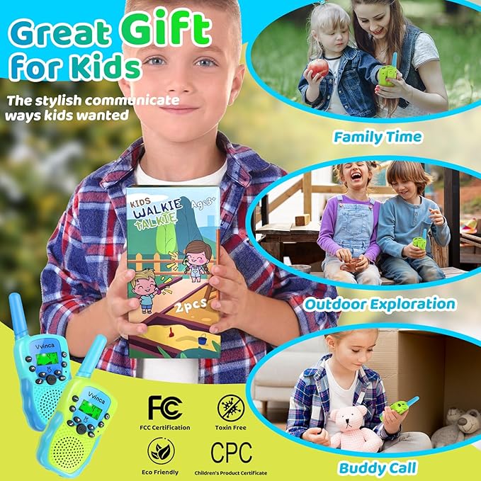 Vvinca Rechargeable Walkie Talkies for Kids 2 Pack, 5-7 Year Old Boy Toys Long Range 22 Channels 2 Way Kids Walkie Talkie with Flashlight for Camping Hiking Indoor Outdoor 3 4 5 6-12 Girl Boy Gift