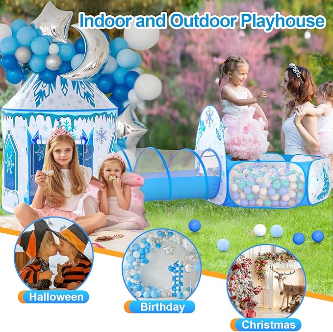3 in 1 Girls Frozen Play Tent for Kids: Pop Up Baby Playhouse with Toddlers Crawl Tunnel, Ball Pit and Princess Castle Tent - Children Play Tent Frozen Toys Indoor and Outdoor Game for Birthday Gift
