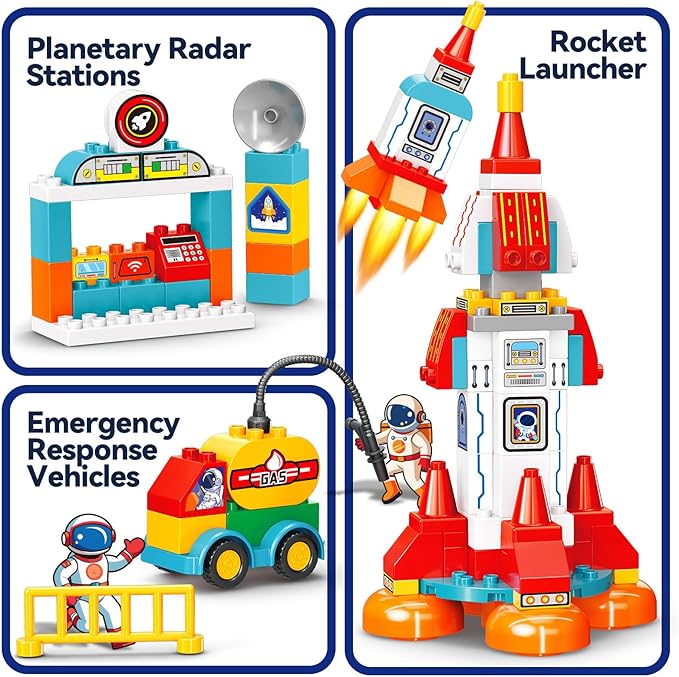 Building Blocks for Toddlers 1-3-5, 131 Pcs Space Rocket STEM DIY Big Classic Building Bricks Toys Set for Kids Ages 2-4-5-8, Compatible With All Major Brands, Spaceship Gift Toy for 3-5 Boys Girls