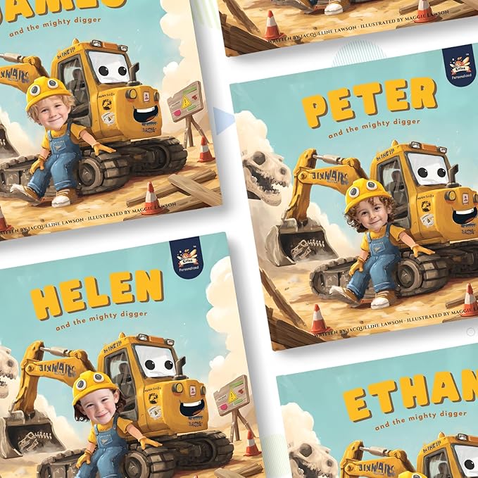 ELFINK Personalized Children Story Books - The Mighty Digger & Dinosaur Discovery - Customized Name & Photo - Baby Gifts - Children Bedtime Story (Soft Cover)