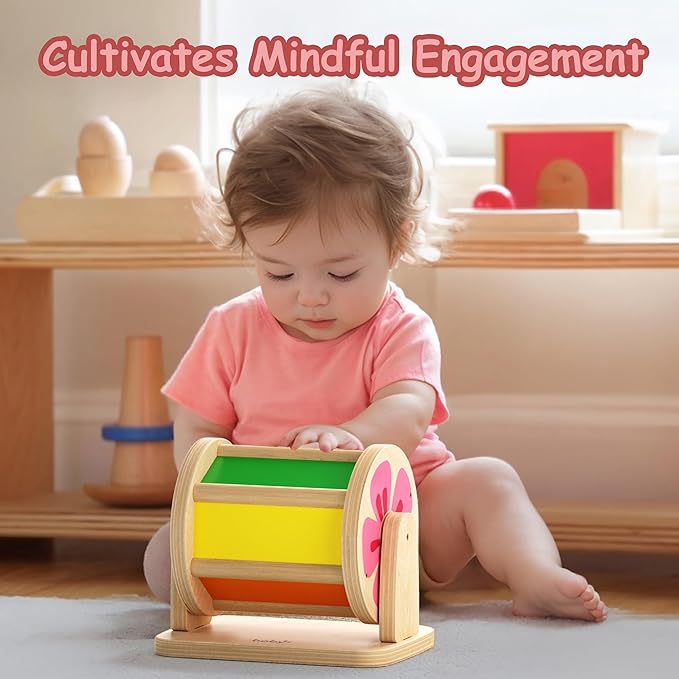 Dailyfunn Montessori Toys Wooden Spinning Drum Tummy Time Floor Mirror Toy for Babies Toddlers 1-3 Years Old