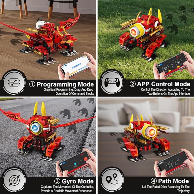 HOGOKIDS 5-in-1 Dragon Robot Building Toys with 6 Lighting Colors & 5 Light Effects - 354PCS Remote & App Control Robots Toy Set for Kids, RC Robot Building Toys Gifts for Teens Boys Girls Age 8-12