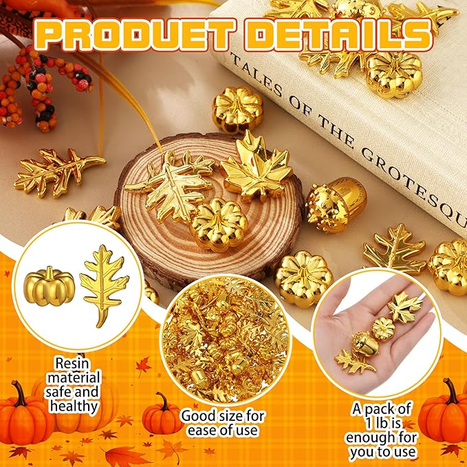 Thyle 120-140 Pcs/ 1 Ib Fall Vase Filler Golden Pumpkin Maple Leaves Acorn Sensory Bin Fillers Small Leaves Tiny Pumpkin Acorn Statue for Fall Thanksgiving Home Table Table Scatters Favor Vase Filler