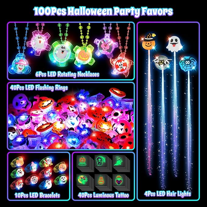 SpringFlower 100Pcs Halloween Party Favors Bulk, Glow in the Dark Party Supplies Halloween Decorations for Kids, Halloween-Themed Toys for Trick or Treat Goodie Bag Stuffers Fillers Prizes Gifts