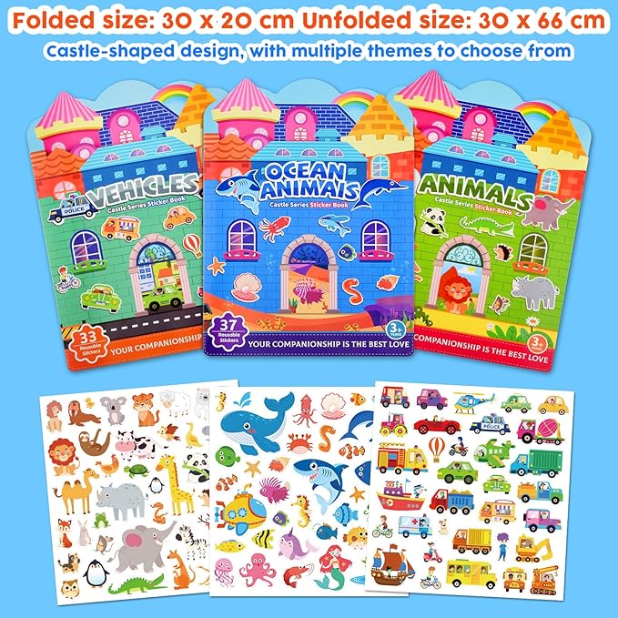 ASTARON 3 Pack Reusable Sticker Books for Kids, Cute Waterproof Dinosaurs Animals Vehicles Stickers, Portable Travel Toys and Educational Sensory Learning Toys (3-6 Age)