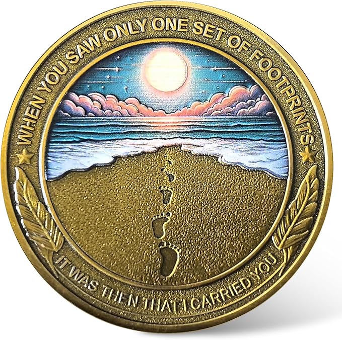 CYOUNG Footprints in The Sand Christian Challenge Coin - Inspirational Scripture Medallion with Dual-Sided Design