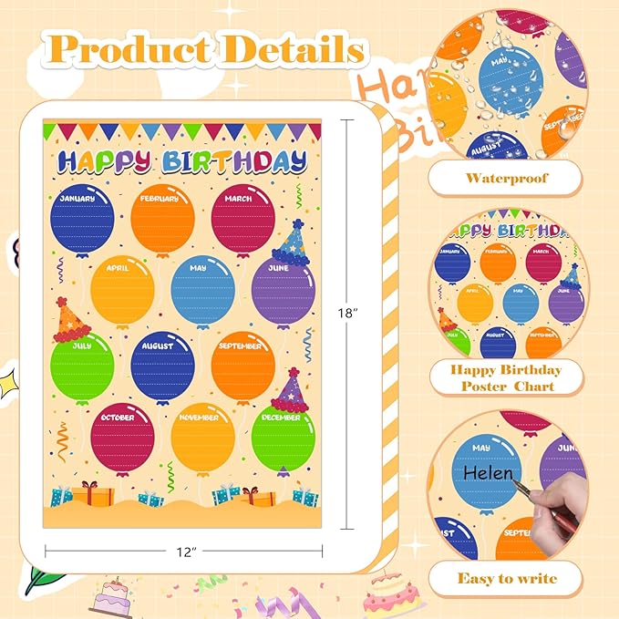 FLYAB Birthday Poster for Classroom - Balloons Chart for Back to School Laminated Kids Calendar for Bulletin Board Decorations Teacher Supplies