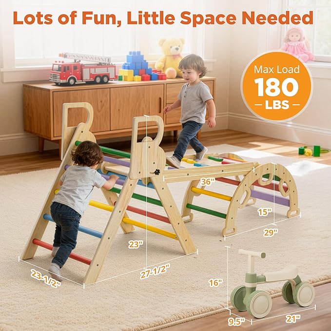 HEIGHT 9-in-1 Pikler Triangle Climber Set with Balance Car & Play Mat – Foldable Wooden Montessori Baby Climbing Toys with Slide, Arch & Ramp, Indoor Jungle Gym for Toddlers