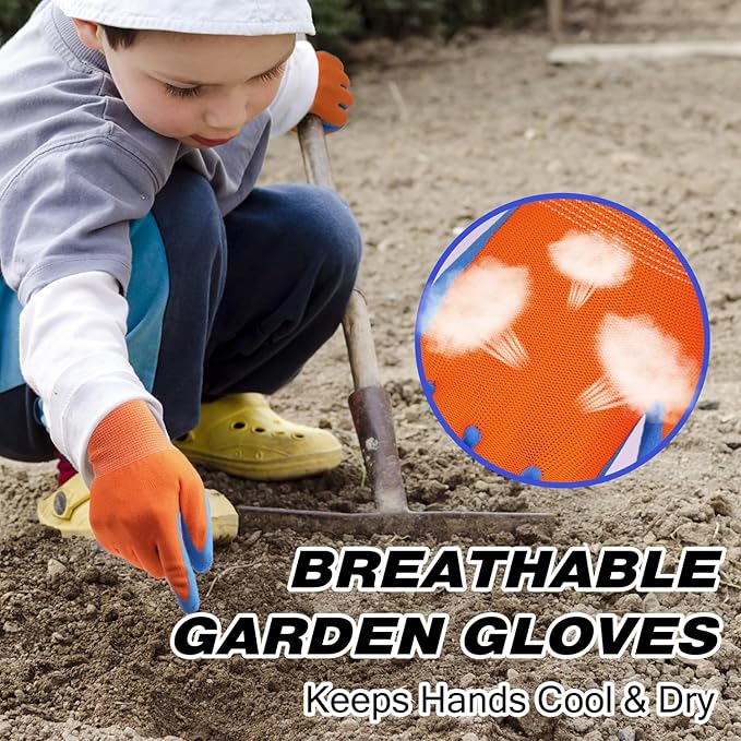 HANDLANDY 3 Pairs Kids Gardening Gloves Latex Free, Nitrile Coated Children Toddler Garden Yard Work Gloves for Little Girls Boys (Size M, Black-Orange)