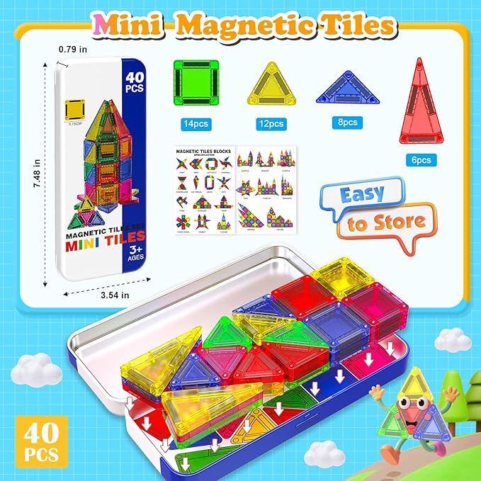 Mini Magnetic Tiles with Iron Box, 40 PCS Travel Magnetic Tiles, STEM Educational Building Set Construction Toys for Kids Ages 3+, Portable Building Toys for Toddlers, Boys & Girls Birthday Gift