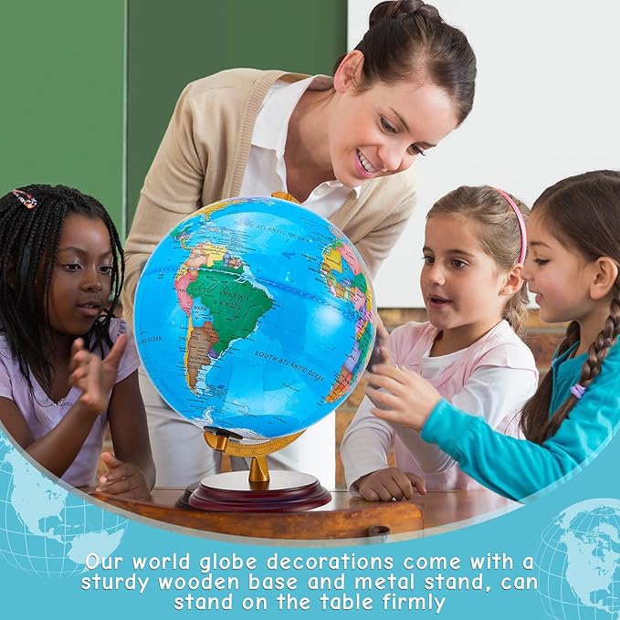 Amylove 13'' Illuminated World Globe for Adults 720°/360° Rotation Rewritable Light Up Globe with Stand World Map for Interactive Learning Light with Base Lamp LED Decor (Brown Wood,Classic)