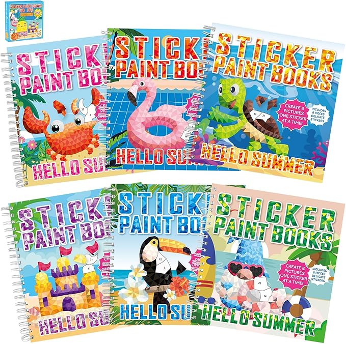 6Pcs Summer Paint by Sticker Books Hello Summer Sticker by Number Books Activity Book Puzzle Book Craft Art Gift with Crab Flamingo Turtle Toucan 48 Pictures Party Favors