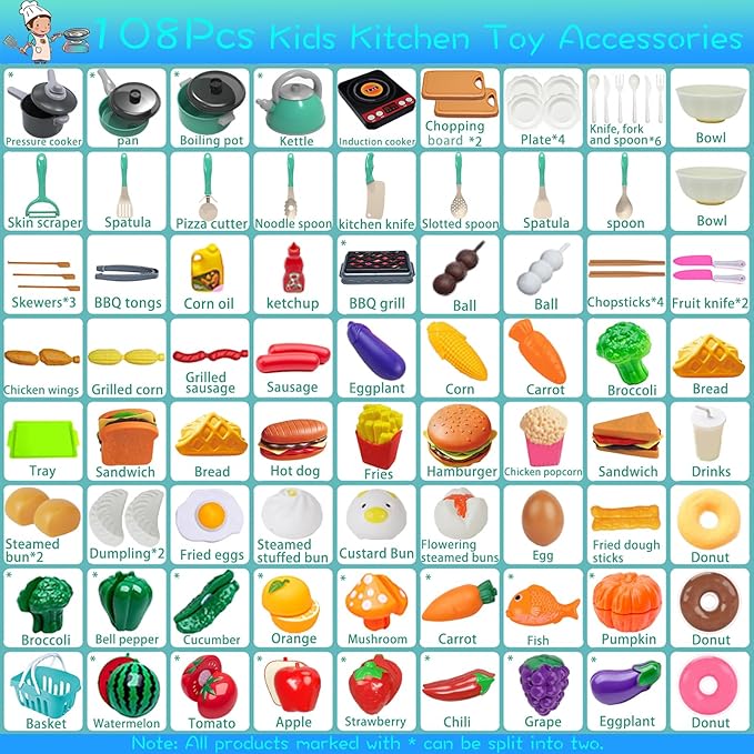 108Pcs Kids Kitchen Toy Accessories, Toddler Pretend BBQ Camping Cooking Playset, Utensils Cookware Toys, Play Food Set, Toy Vegetables, Learning Gift for Girls Boys