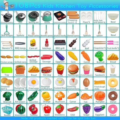 108Pcs Kids Kitchen Toy Accessories, Toddler Pretend BBQ Camping Cooking Playset, Utensils Cookware Toys, Play Food Set, Toy Vegetables, Learning Gift for Girls Boys