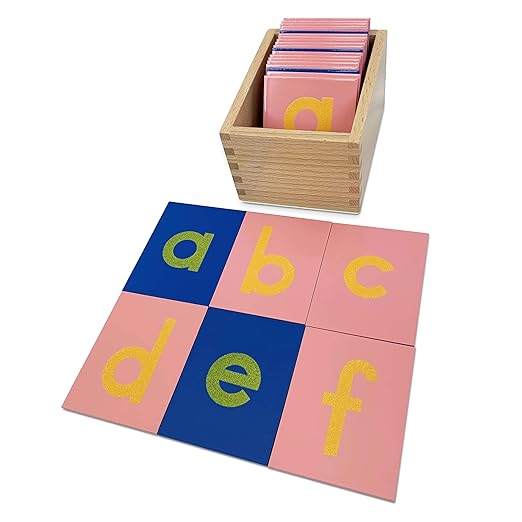 Montessori Sandpaper Letters | Lowercase | PP Wood Tiles | Vowel Consonant Color Coded | Includes Storage Box