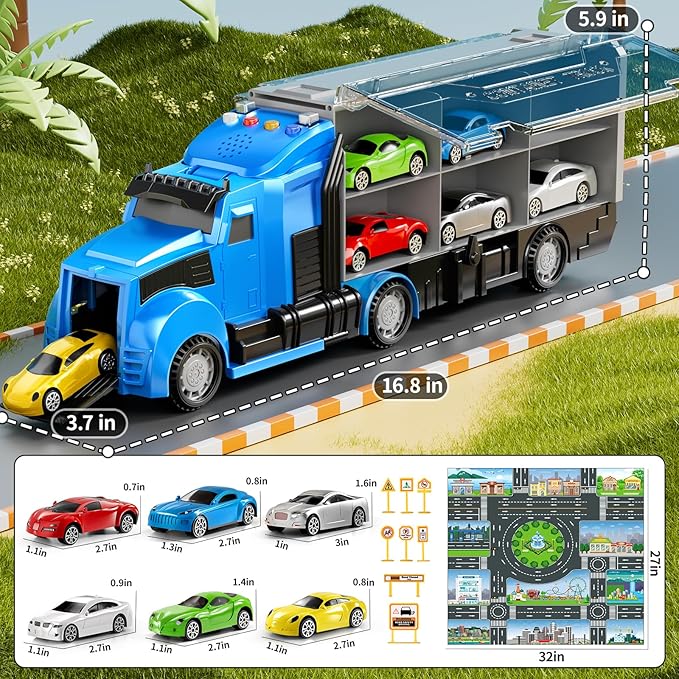 Racing Trucks Toy Set with Play Mat, Carrier Truck Play Vehicles Set for 3 4 5 6 Years Old Boys Kids, Die-Cast Car Toy for Toddlers 3-4 Years, Birthday Gifts Toys for 3-9 Year Old Boys