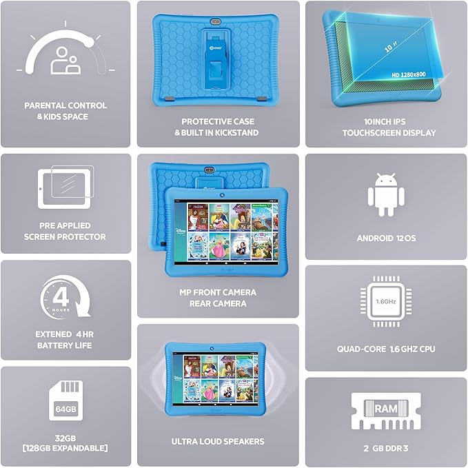 Contixo 10" Android Kids Tablet Bundle - 32GB, 80+ Disney Storybooks ($350 Value), Parental Controls, Kid-Proof Case w/Kickstand & Stylus, Headphones & Sleeve Bag - Blue