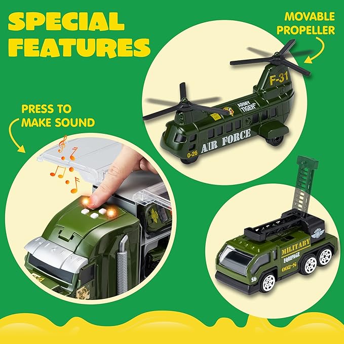 JOYIN 25 in 1 Military Kids Truck Toys for Age 3+, Toddler Boy Toys, Army Men Tanks Set with Soldier Men, Mini Battle Cars in Carrier Truck with Lights and Sounds, Christmas Great Gifts for Grandkids