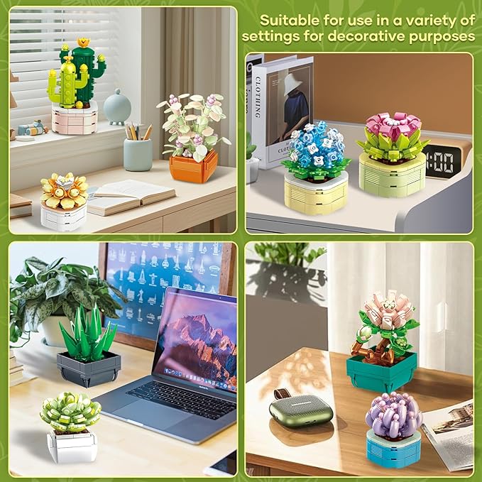 9 Pack Tiny Flowers Succulents Botanical Collection Building Sets 832PCS Compatible with Lego Artificial Plant Set for Home Office Décor Block Toy Bonsai Building Toys Creative Gifts Idea for Girls 6+