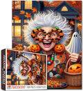 Excited Grandma with Pumpkin Glasses 1000 Piece Jigsaw Puzzle for Adults Students 20×27 Inches Funny Halloween with Candy Ghosts Fall Leaves and Colorful Decor Festive Autumn Puzzle