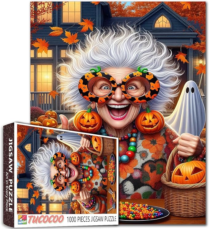 Excited Grandma with Pumpkin Glasses 1000 Piece Jigsaw Puzzle for Adults Students 20×27 Inches Funny Halloween with Candy Ghosts Fall Leaves and Colorful Decor Festive Autumn Puzzle