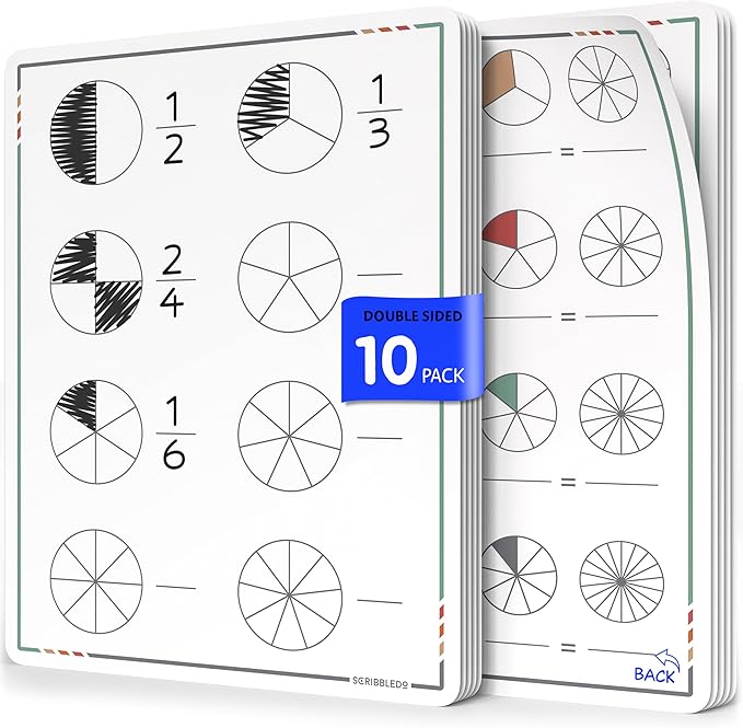 SCRIBBLEDO Fraction Manipulatives 9”x12” Small White Board Dry Erase Sheets Math Manipulatives 1st Grade Students 2nd Grade Fractions Homeschool Supplies Teacher Classroom Pack of 10 Sheets
