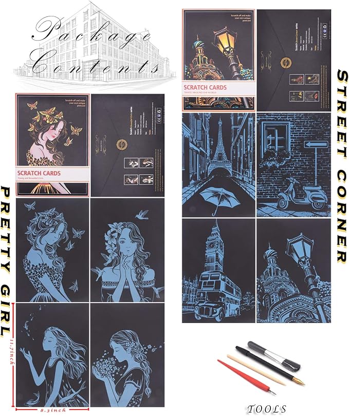 Rainbow Scratch Painting Paper By BOTEEN, City Series Night Scene,Scratch Painting Creative Gift,Scratchboard for Adult and Kids,with 4 Tools,Size:11.7''x8.3''（8pack）