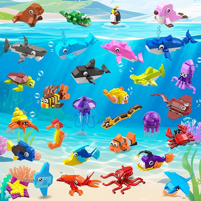 HOGOKIDS 30 Pack Animals Party Favors for Kids, 824PCS Mini Marine Animal Building Block Sets for Goodie Bags Filler Classroom Prizes, Easter Basket Stocking Stuffer Birthday for Boys Girls 6+