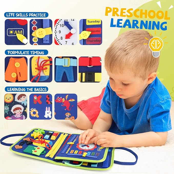 Toddler Busy Board, Montessori Sensory Toys for Boys, 1-4 Year Old Girl Toddler Travel Toys, Educational Learning Activities Board for Motor Skills, Birthday Gifts for Airplane Car, Blue Dinosaur
