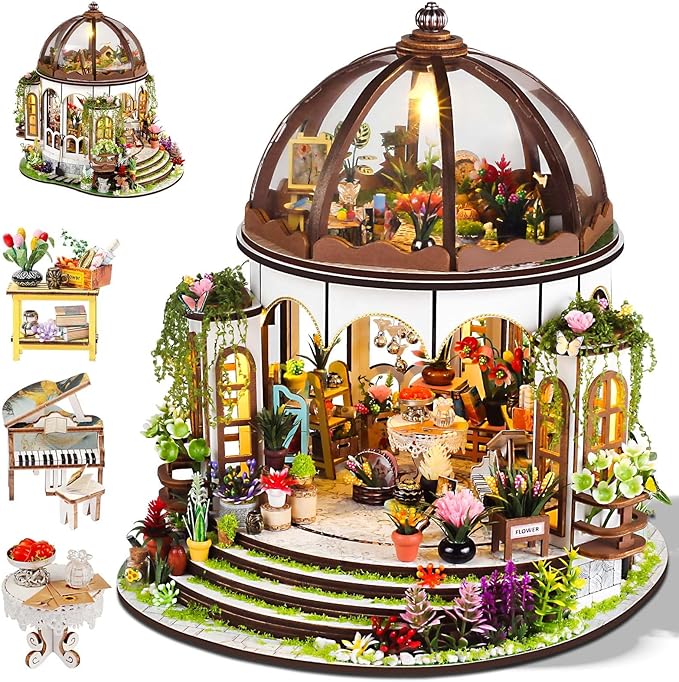 Miniature House Kit Hanging Garden, DIY Miniature Dollhouse Kit for Adults with Furniture & LED Lights, Wooden Craft Gifts for Adults Women Teens