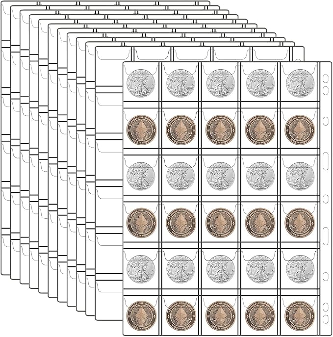12 Sheets Coin Collection Pages, Pocket Page with 360 Pockets, Coin Binder Inserts Sleeves with Standard 9 Hole for Coin Album. Storage Holder for Currency, Stamp and Other Supplies (30 Pockets)