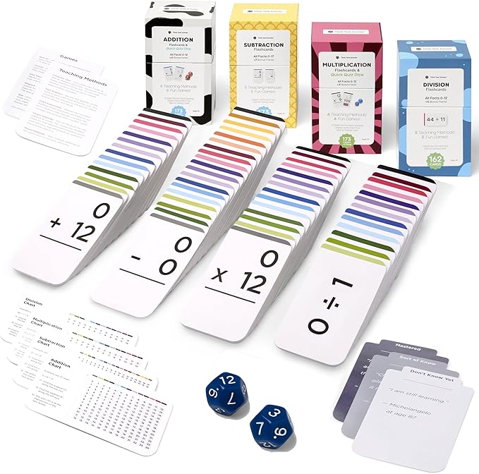 Think Tank Scholar 681 Math Flash Cards & Dice – Learn Addition, Subtraction, Multiplication & Division Facts 0–12, Color-Coded with Games, Charts & Sorting Tabs, Grades K–6 – Jumbo Size (5.2” x 3.1”)